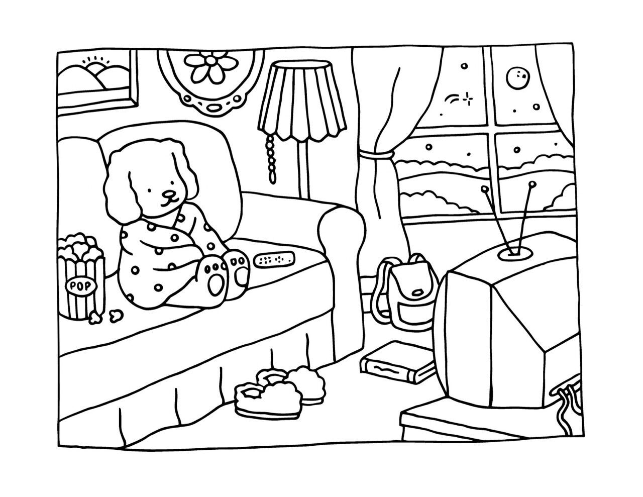Bobbie Goods para imprimir relaxando no sofá com pipoca