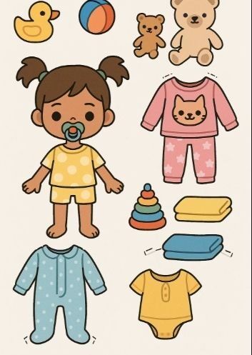 Boneca de Papel Bebê com Roupas e Brinquedos para Imprimir