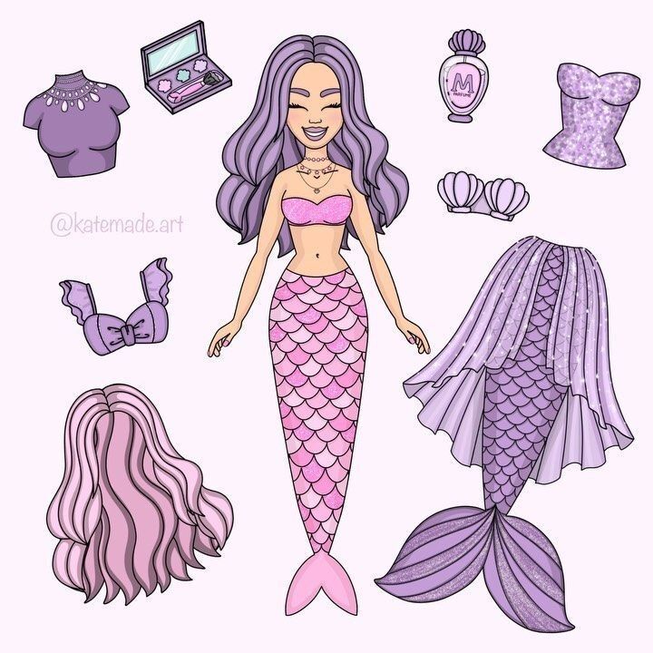 Boneca de Papel Sereia com Roupas e Acessórios Coloridos