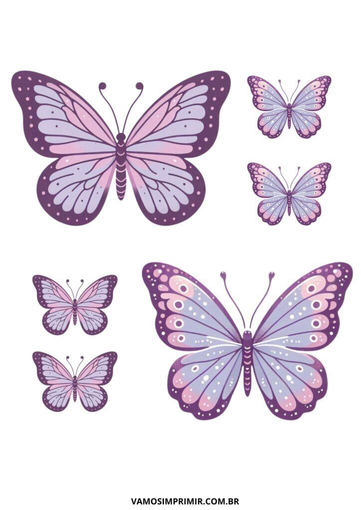 Borboletas para imprimir em tons de roxo e rosa