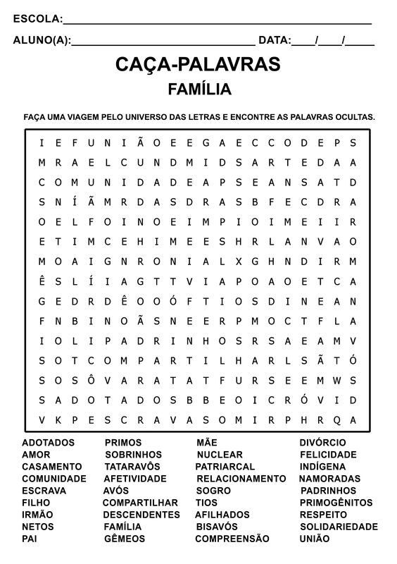 Caça Palavras Família para Imprimir e Brincar em Casa