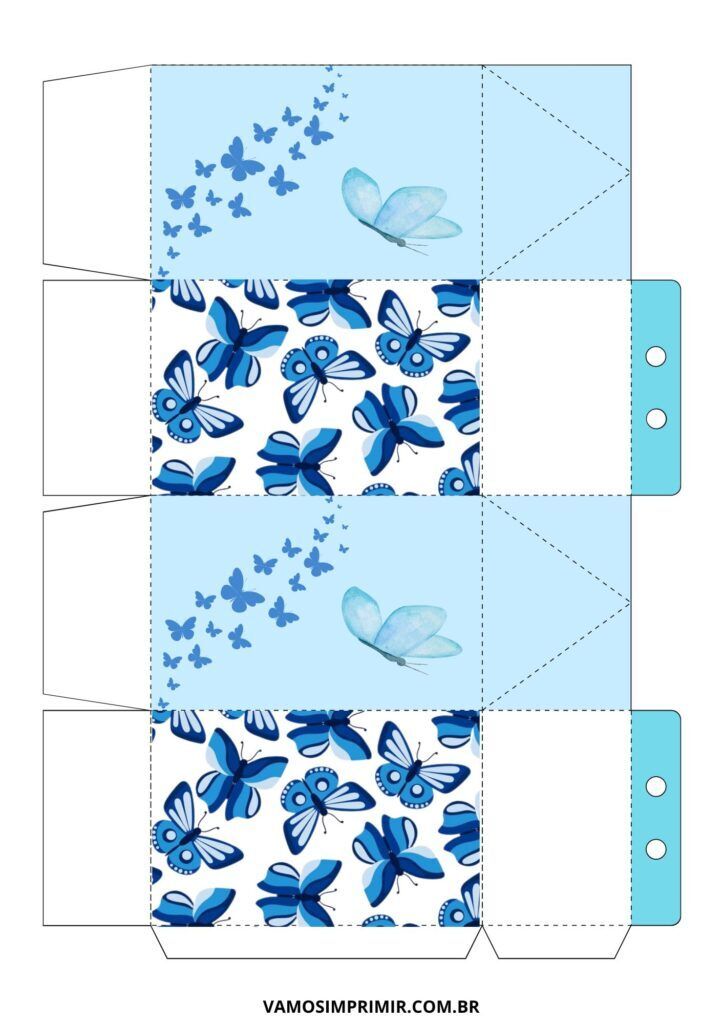 Caixa moldes decorados com borboletas azuis para imprimir