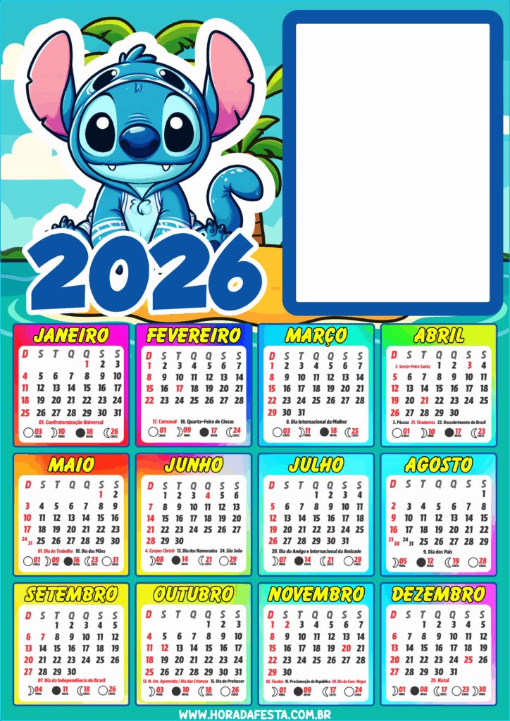 Calendário colorido de 2026 para imprimir com anotações