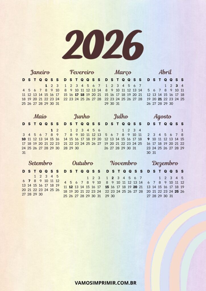 Calendário de 2026 para imprimir com design colorido