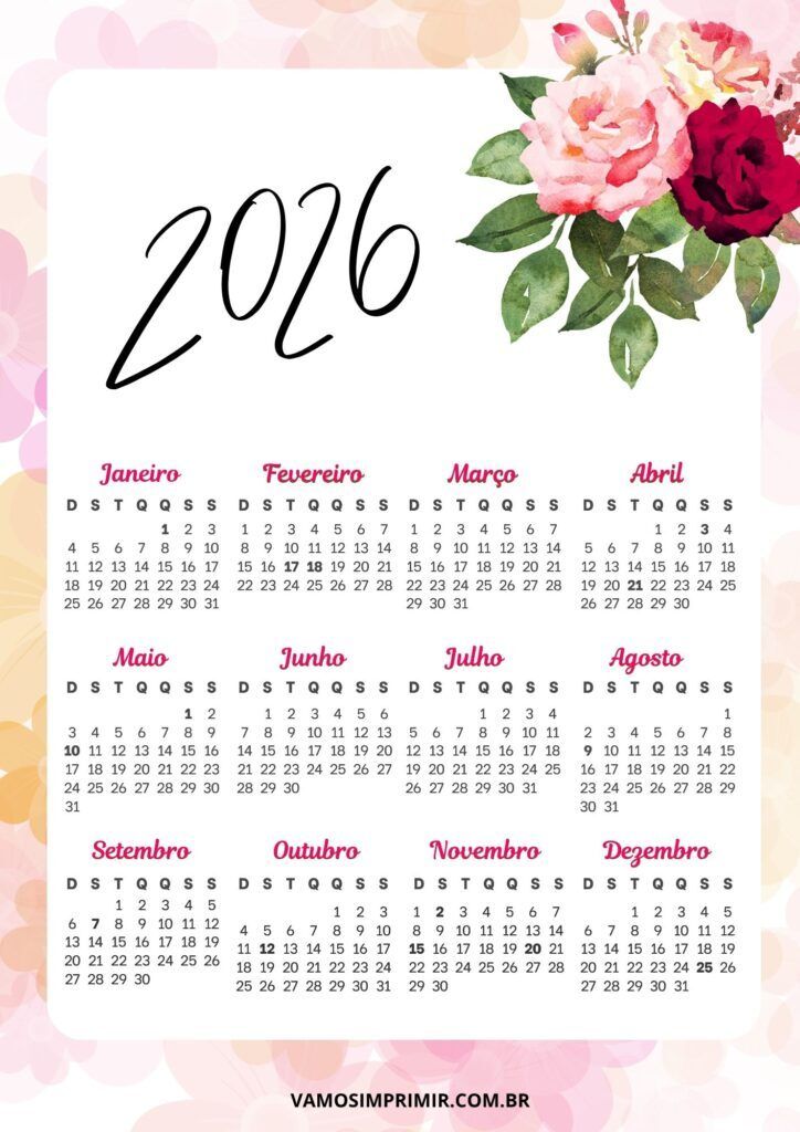 Calendário Floral de 2026 para Imprimir e Decorar