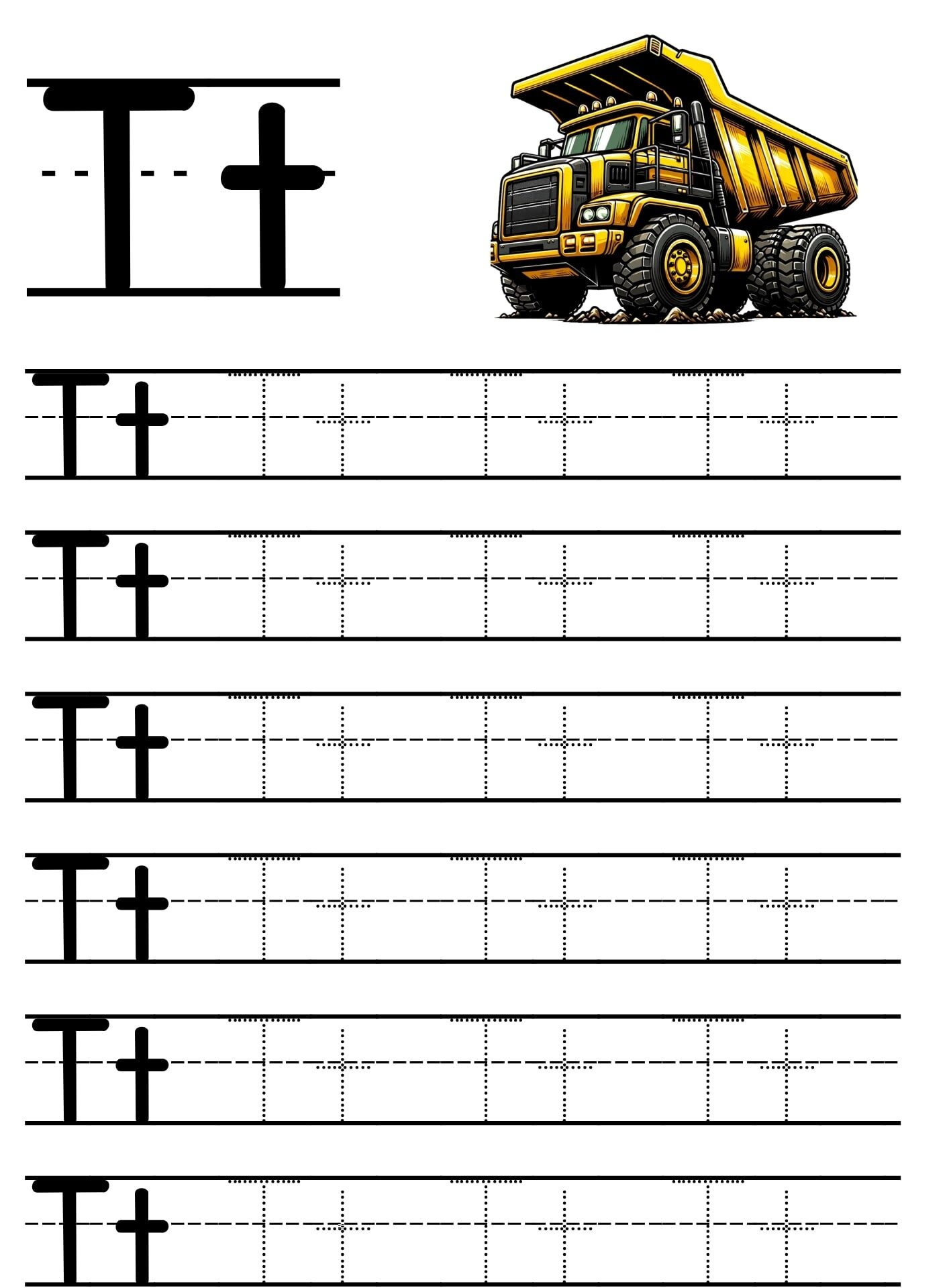 Caligrafia da Letra T em Pontilhado para Imprimir e Traçar