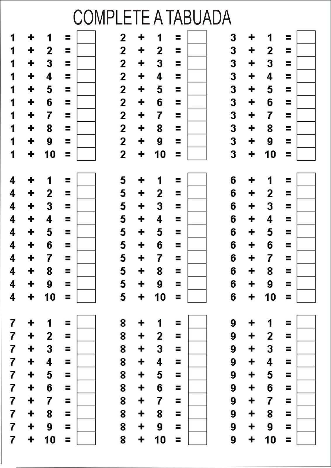 Complete a Tabuada para Exercícios de Adição para Imprimir