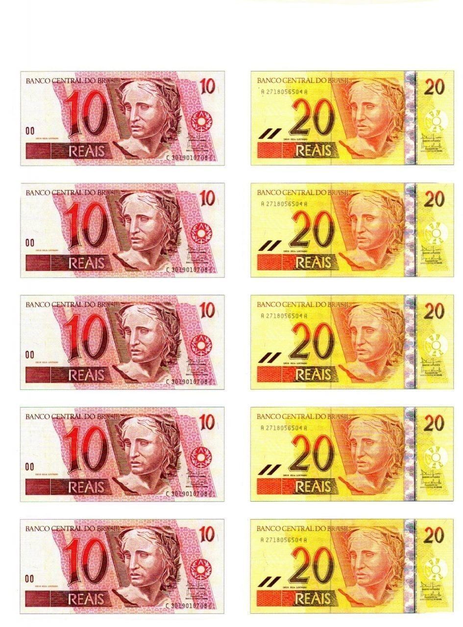 Dinheiro de Brinquedo para Imprimir: Notas de 10 e 20 Reais