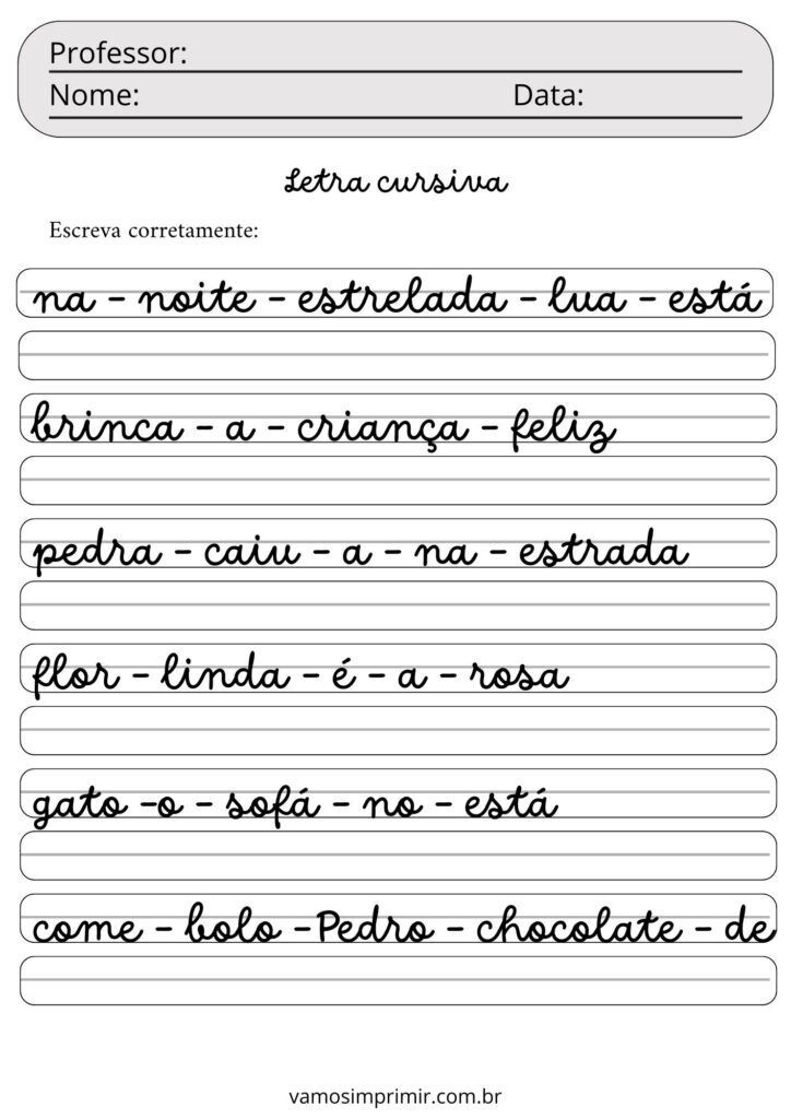 Exercícios de caligrafia cursiva para imprimir
