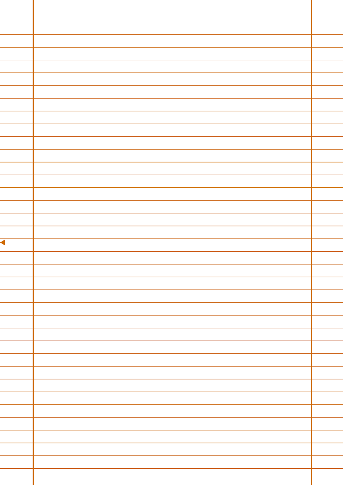 Folha de Caderno Pautada Vertical com Linhas Oração e Margens Laranja