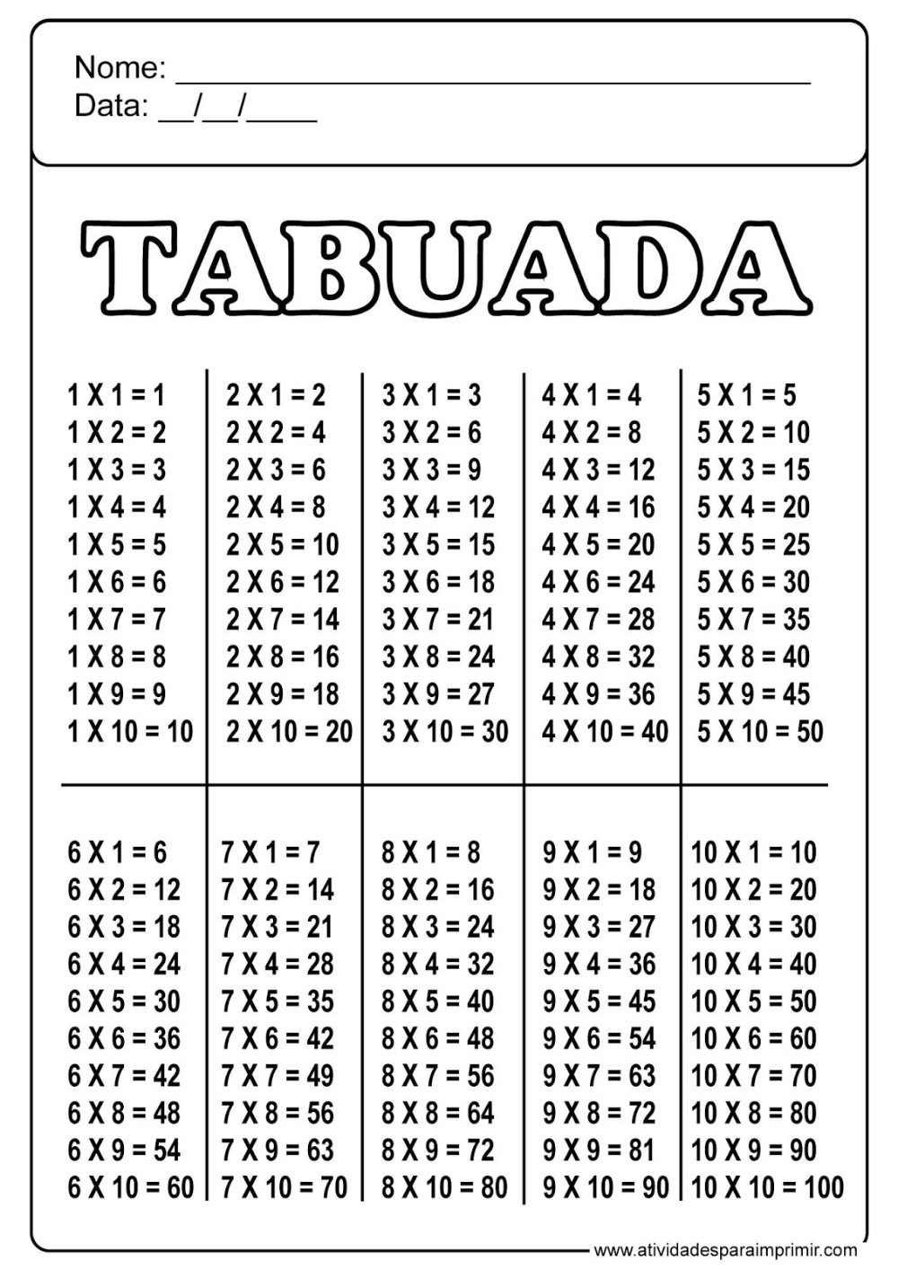 Folha de Tabuada para Imprimir - Multiplicações de 1 a 10