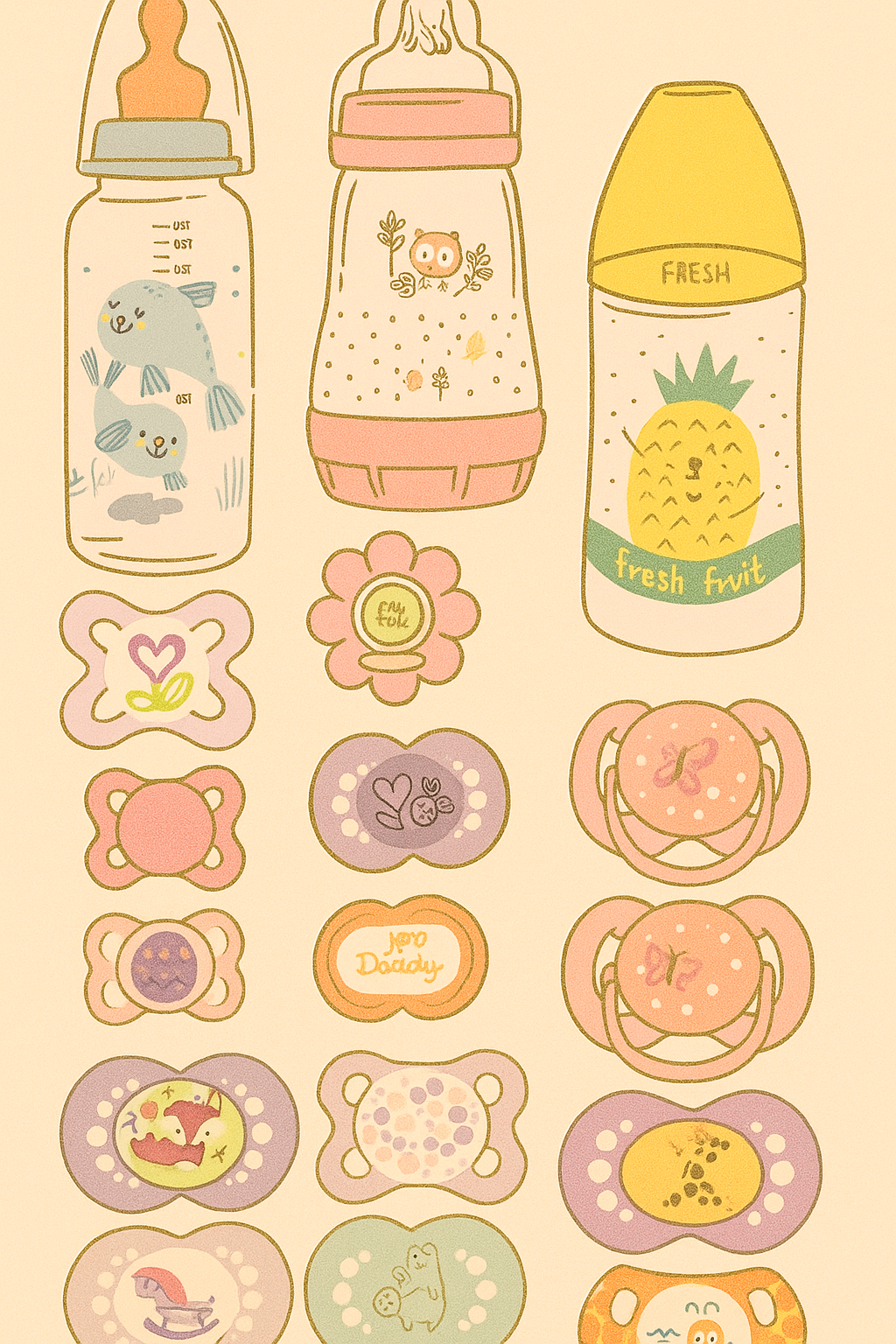 Ilustrações de Bebê de Papel: Mamadeiras e Chupetas Coloridas