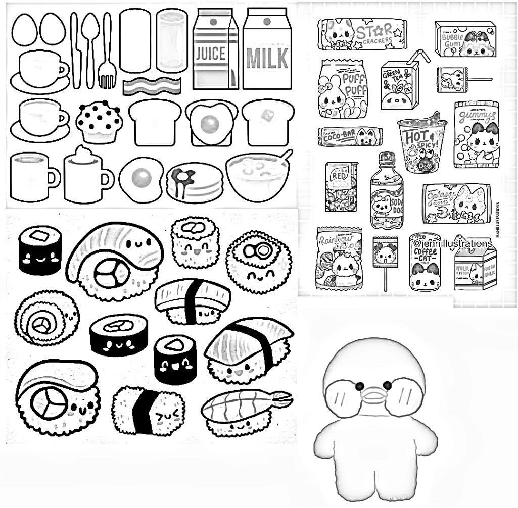 Ilustrações para Colorir com Pato de Papel e Alimentos