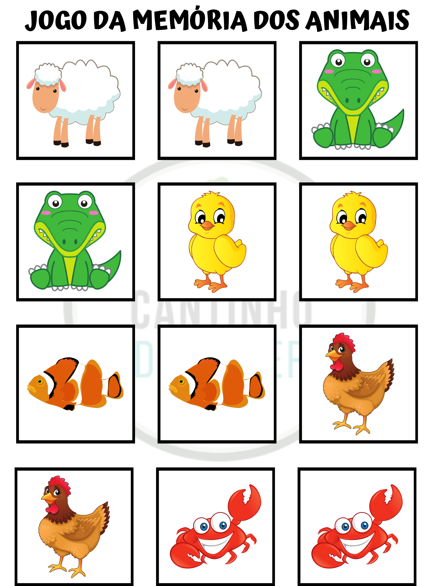 Jogo da Memoria para imprimir com Animais Coloridos