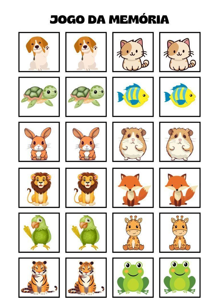 Jogo da Memoria para imprimir com Animais Divertidos