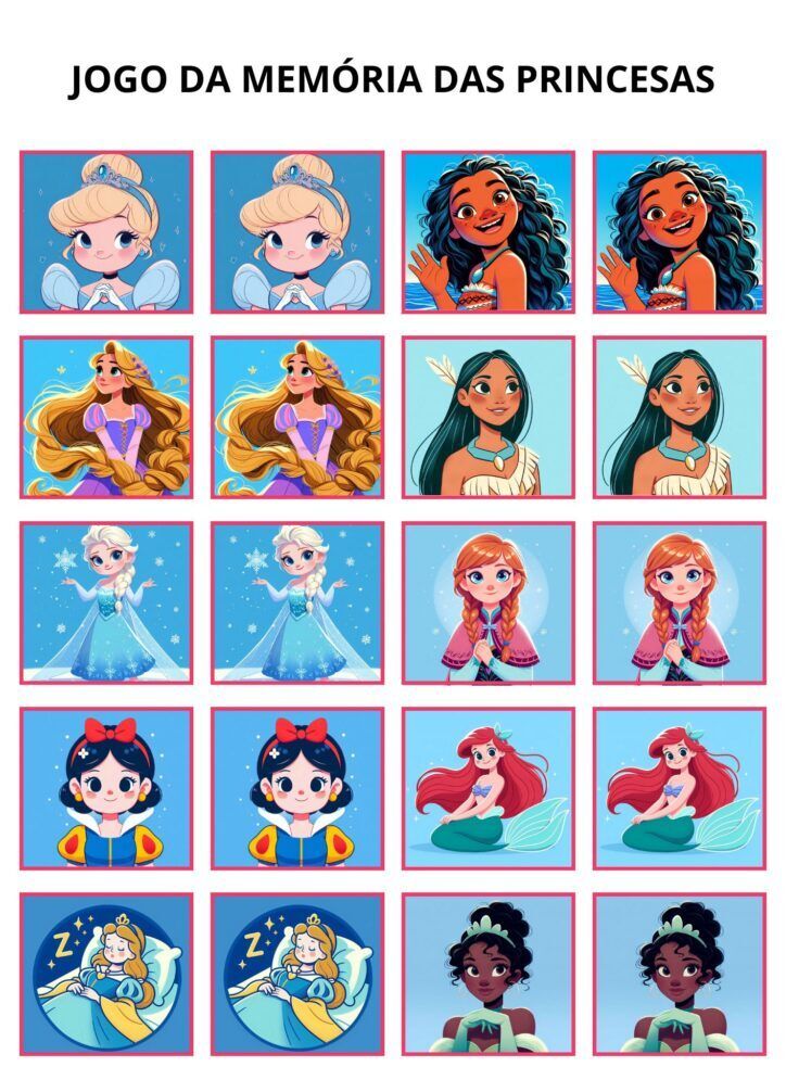 Jogo da Memoria para Imprimir com Princesas Coloridas