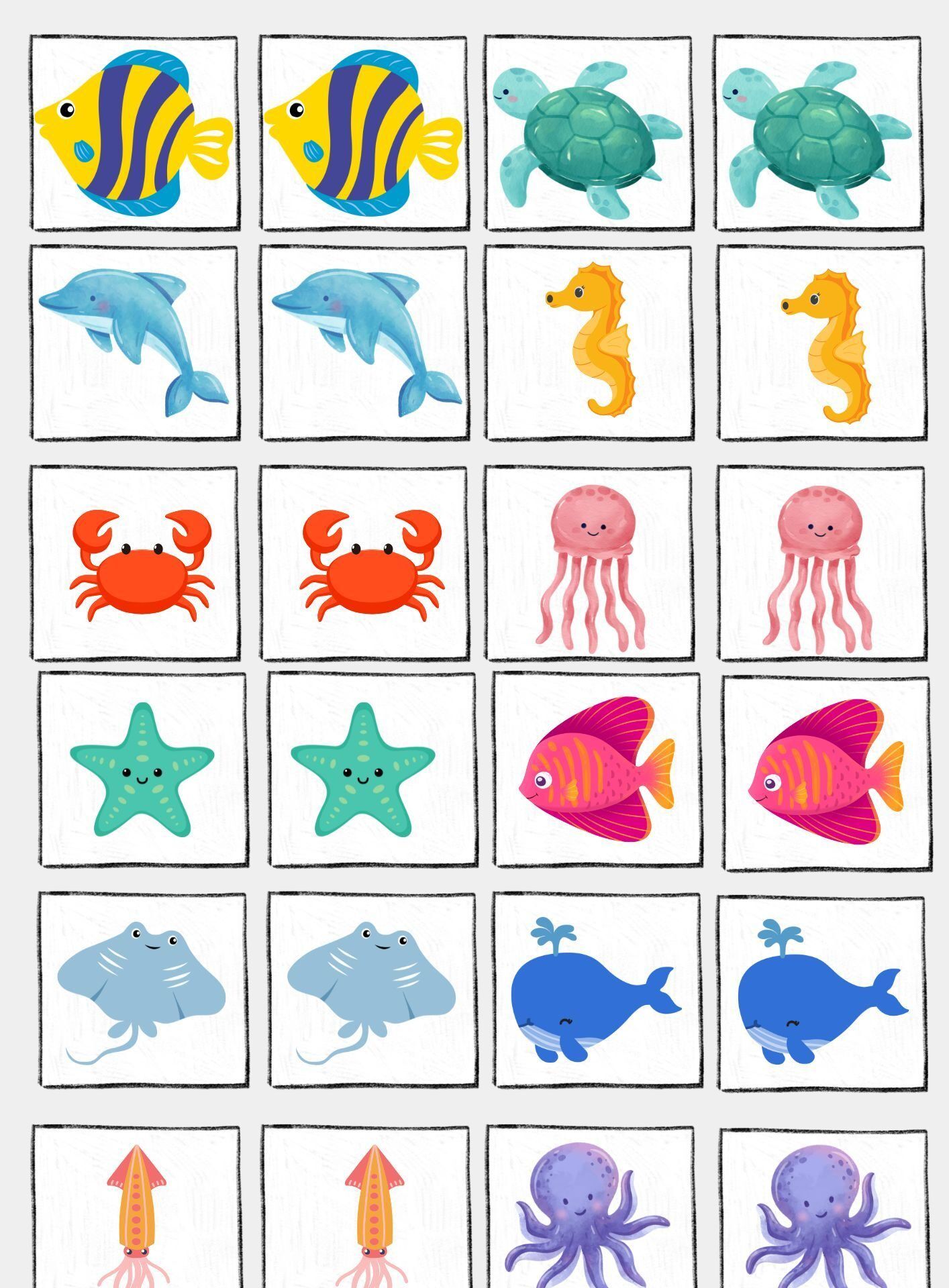 Jogo da Memoria para imprimir de Animais Marinhos