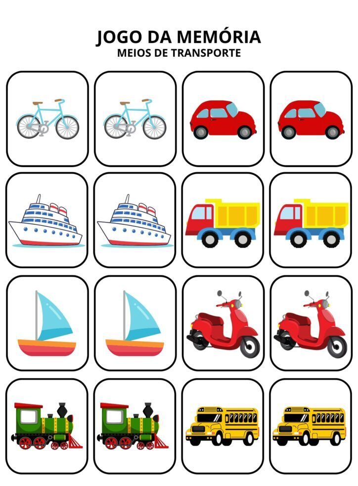 Jogo da Memoria para imprimir sobre Meios de Transporte