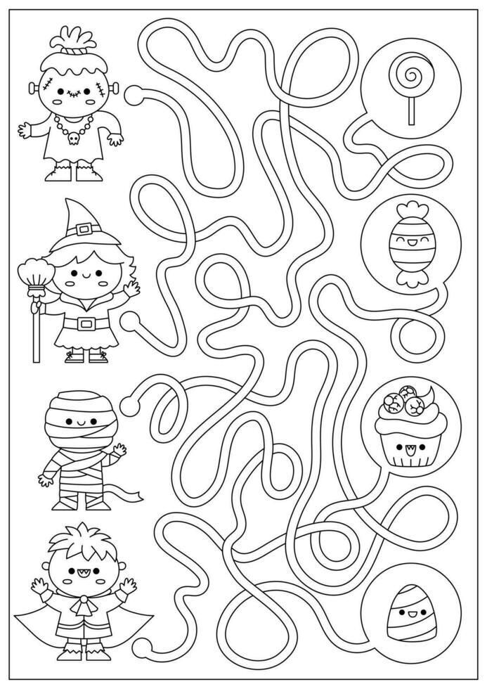 Labirinto infantil para imprimir com crianças fantasiadas e doces