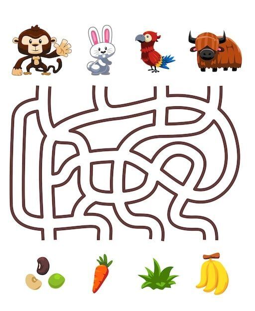 Labirinto Infantil para Imprimir: Conectando Animais e Alimentos