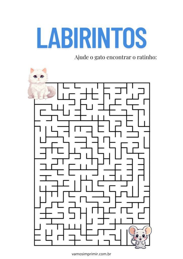 Labirinto para Imprimir: Ajude o Gato a Encontrar o Ratinho
