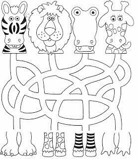 Labirinto para imprimir com animais: zebra, leão, hipopótamo e girafa