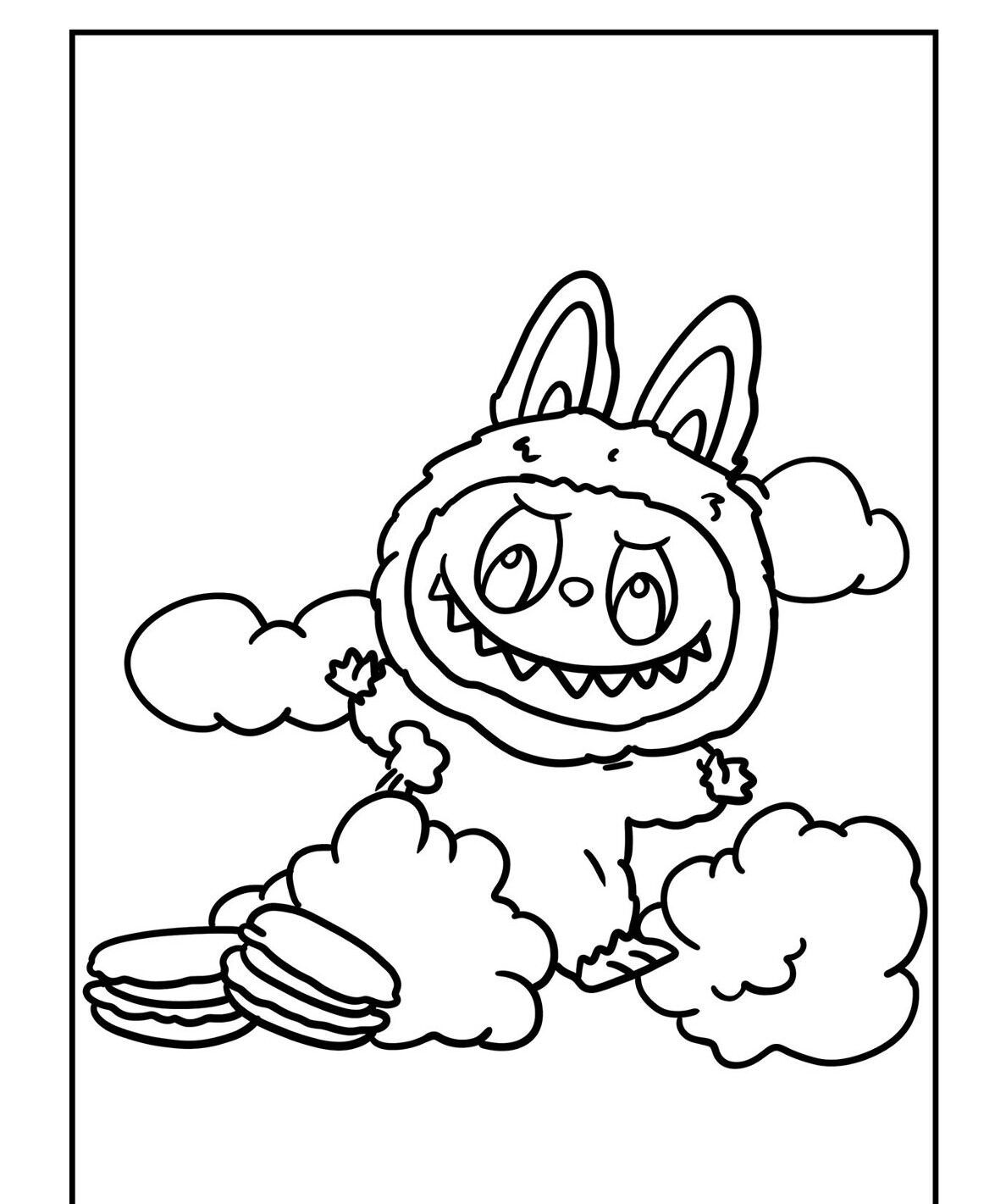 Labubu para Imprimir e Colorir com Nuvens e Biscoitos