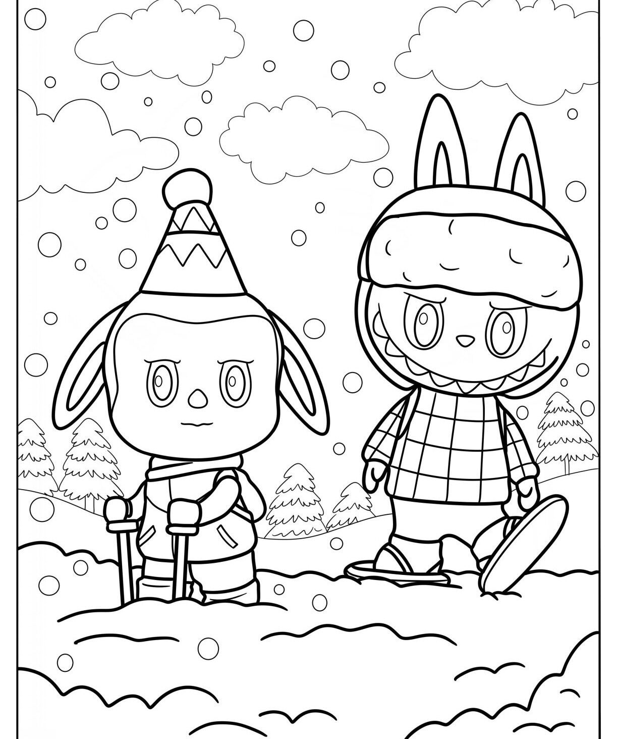Labubu para Imprimir e Colorir em Cenário de Inverno
