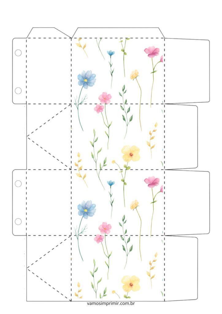Molde de Caixa para imprimir com Estampas de Flores Coloridas