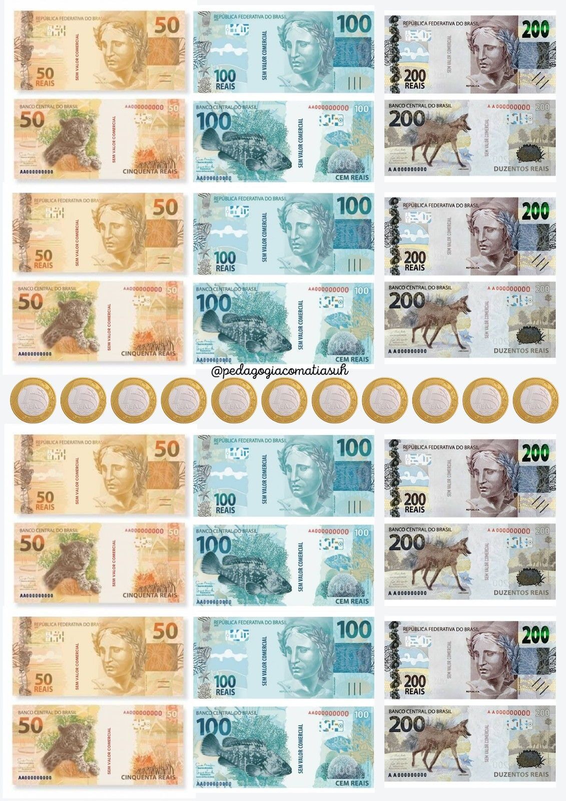 Notas de dinheiro de brinquedo do Real para imprimir