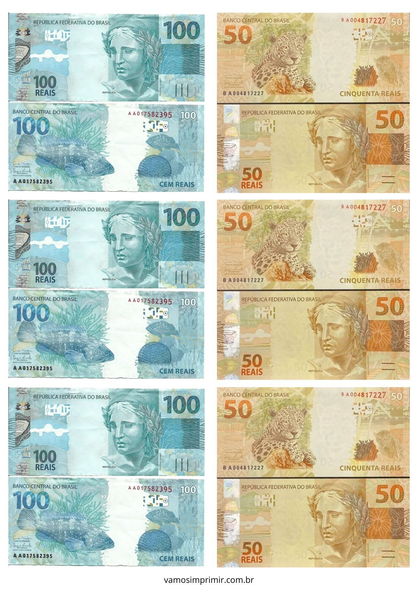 Notas de Dinheiro de Brinquedo para Imprimir 50 e 100 Reais