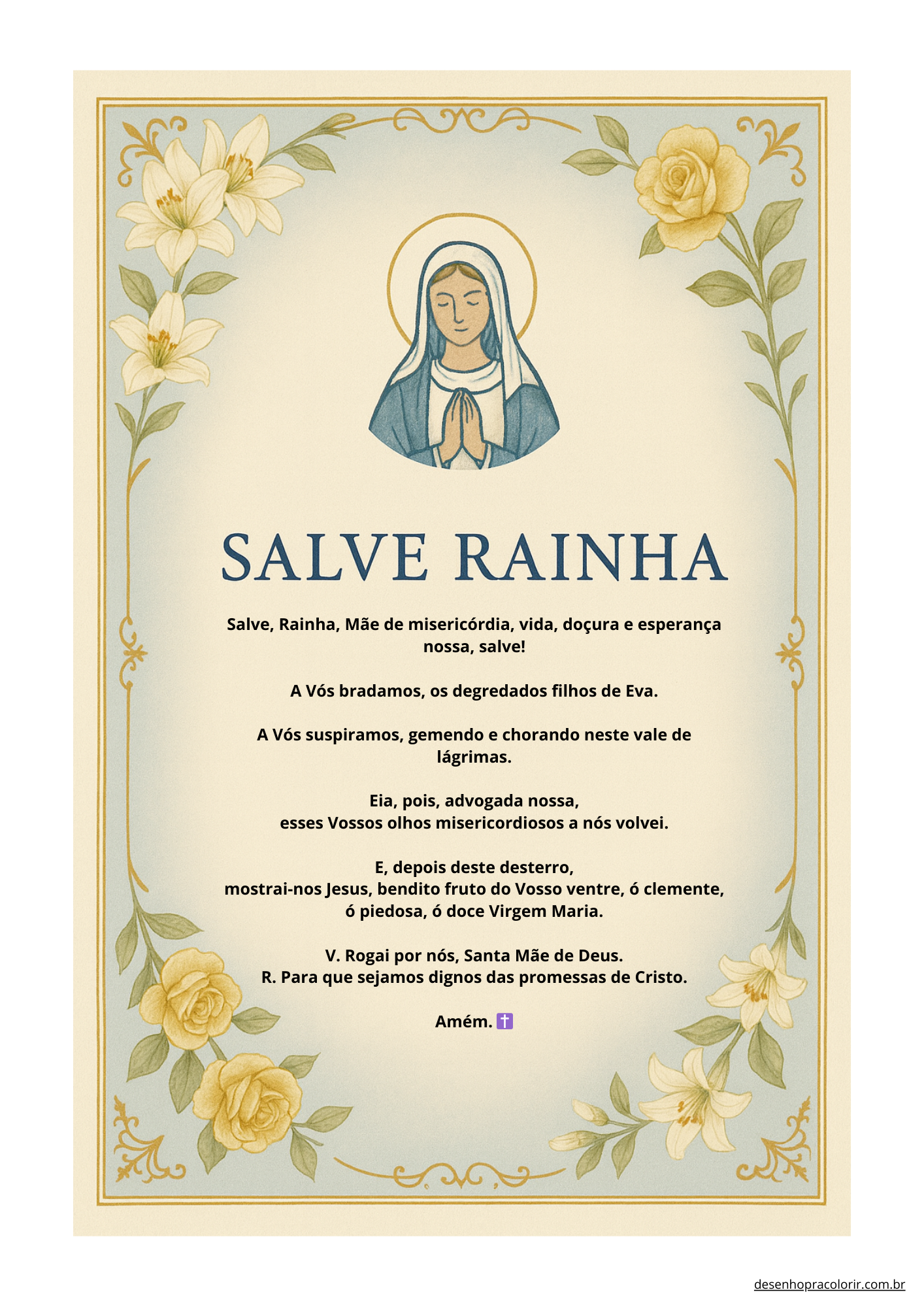 Oração Salve Rainha Completa para imprimir com fundo floral