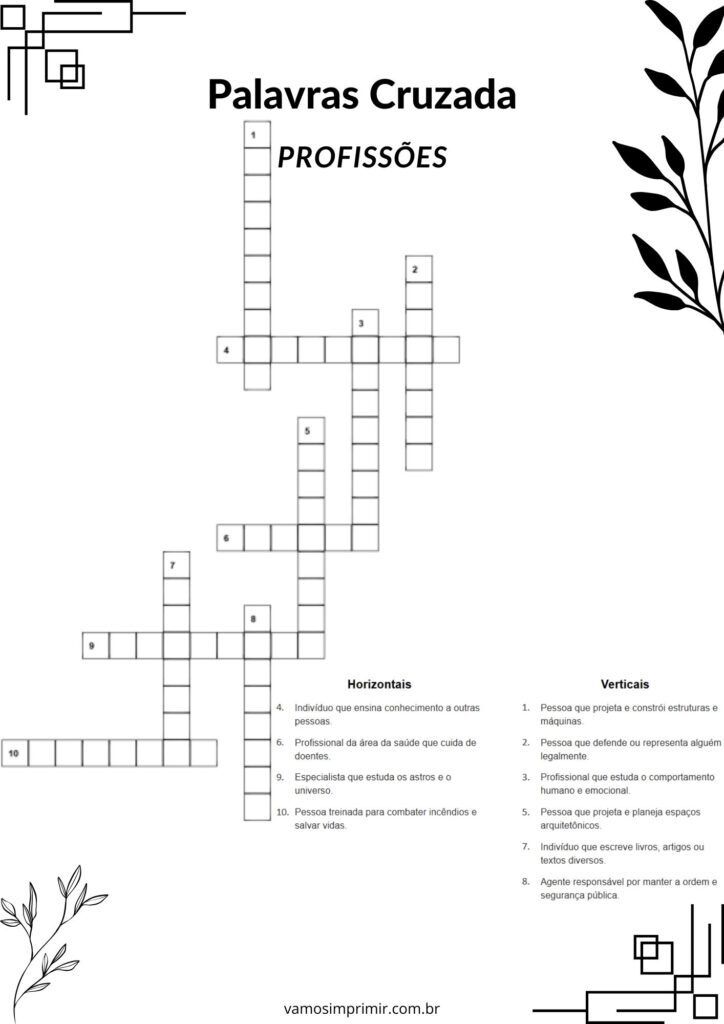 Palavras Cruzadas - Profissões para Imprimir