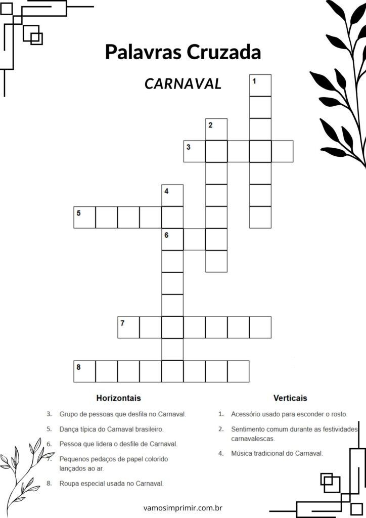 Palavras Cruzadas sobre o Carnaval para Imprimir