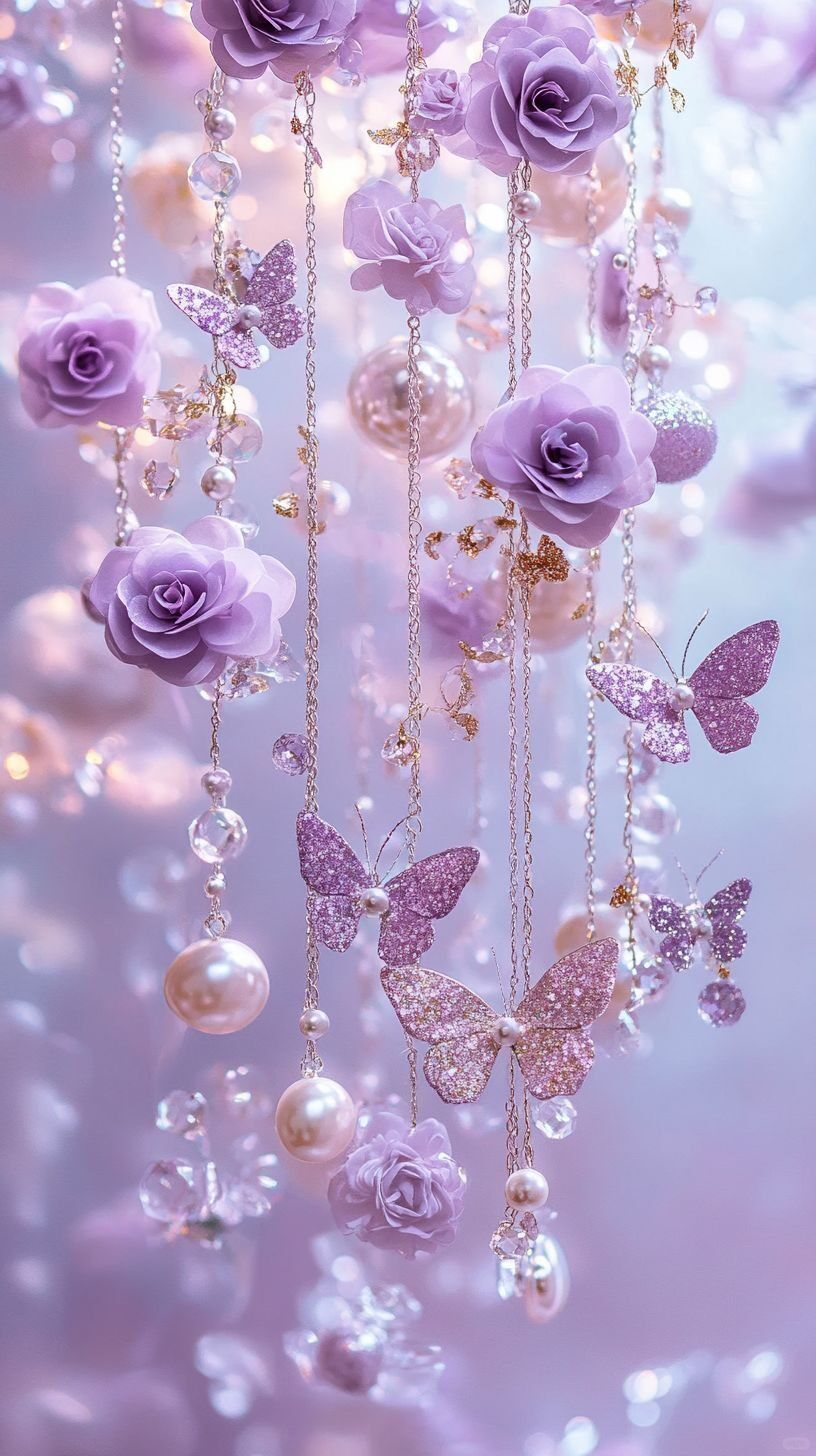 Papel de Parede Bonito com Flores Roxas e Borboletas