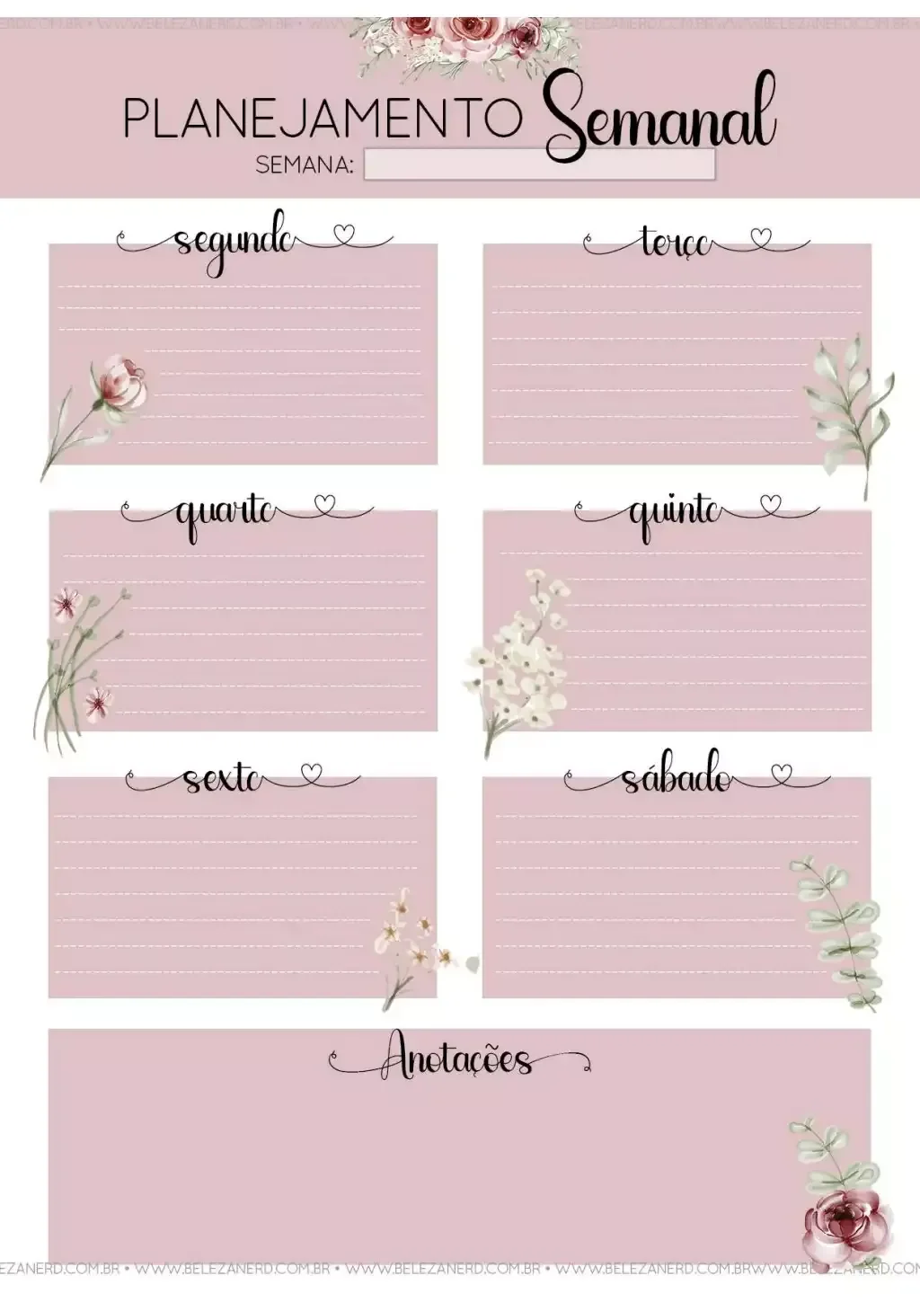 Planner Semanal para imprimir com design elegante e anotações