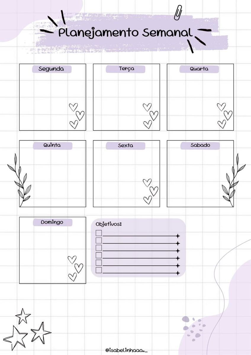Planner Semanal para imprimir com layout em roxo e preto