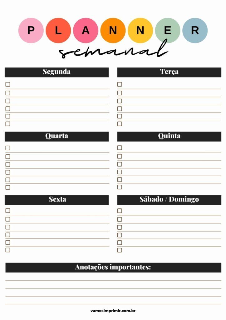 Planner Semanal para imprimir: Organização e Anotações