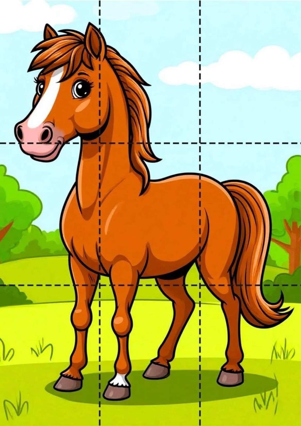 Quebra-Cabeça para Imprimir: Cavalo Marrom Cartoon