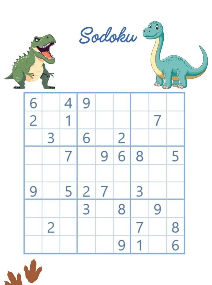 Quebra-cabeça Sodoku para imprimir com dinossauros divertidos