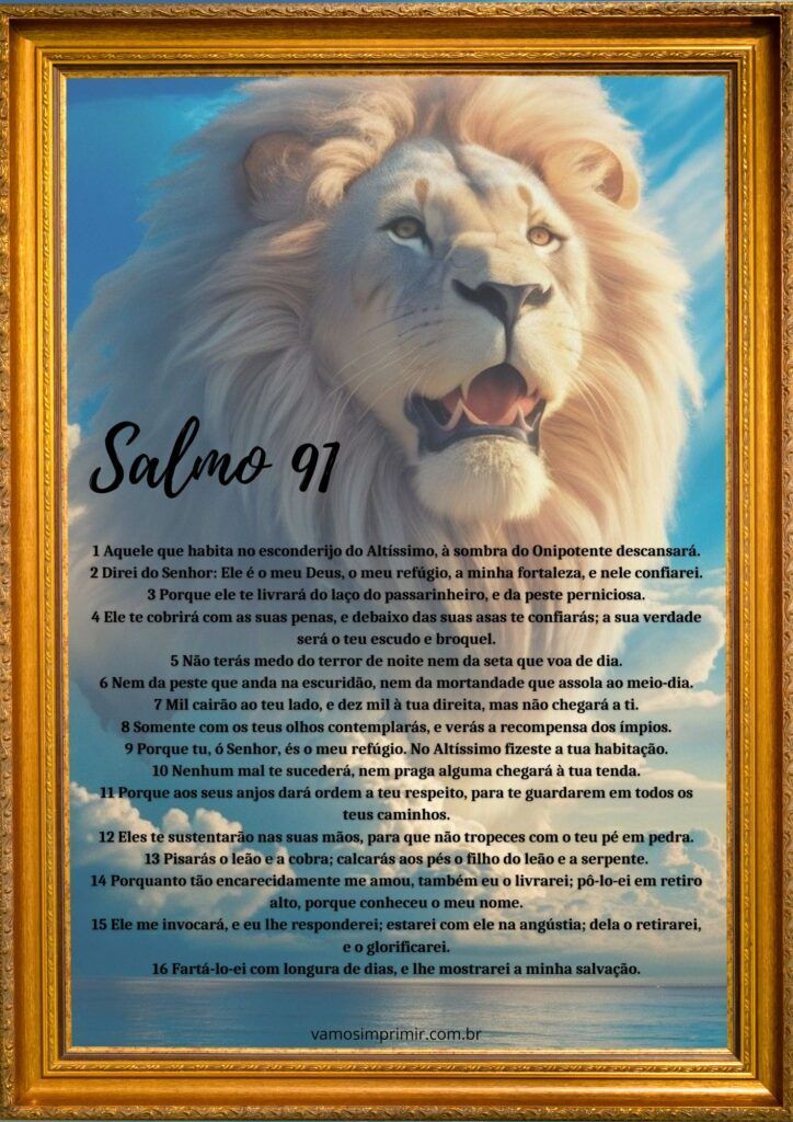 Salmo 91 para imprimir com leão e moldura dourada