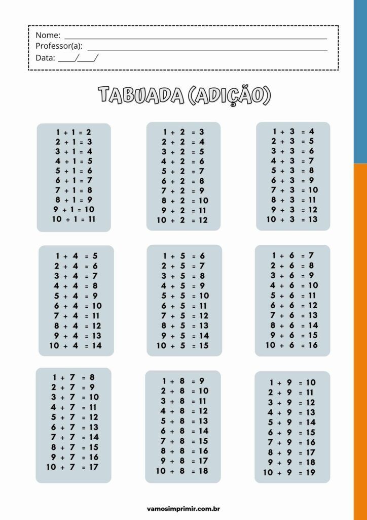Tabuada de Adição para Imprimir e Aprender Matemática