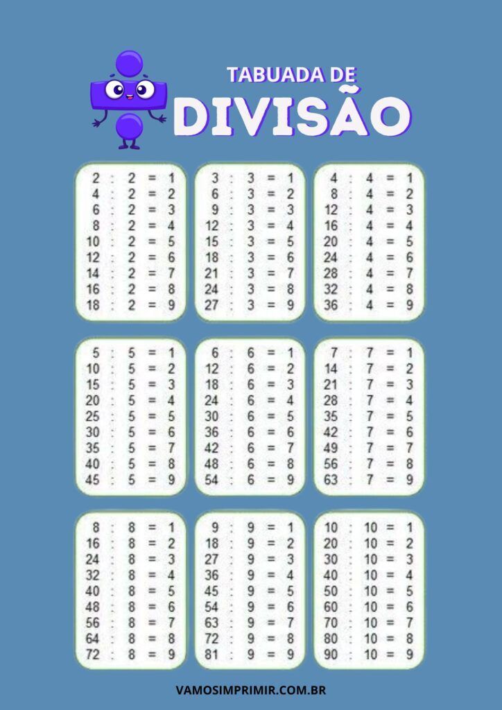 Tabuada de Divisão para Imprimir e Aprender Facilmente