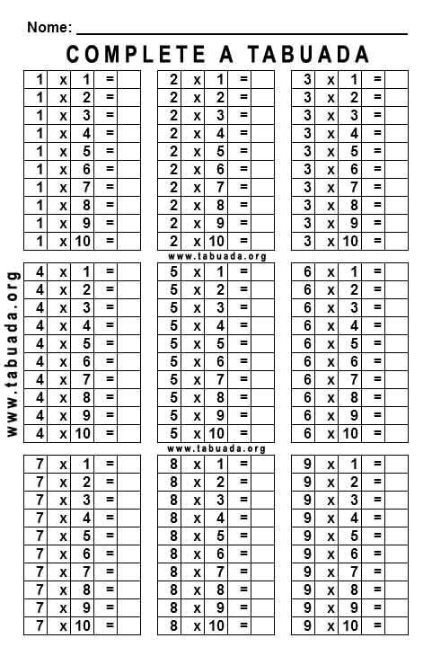 Tabuada para imprimir com atividades de multiplicação
