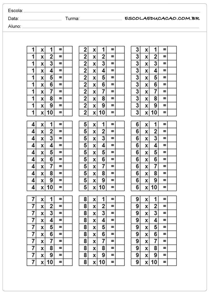 Tabuada para imprimir com espaços para resultados