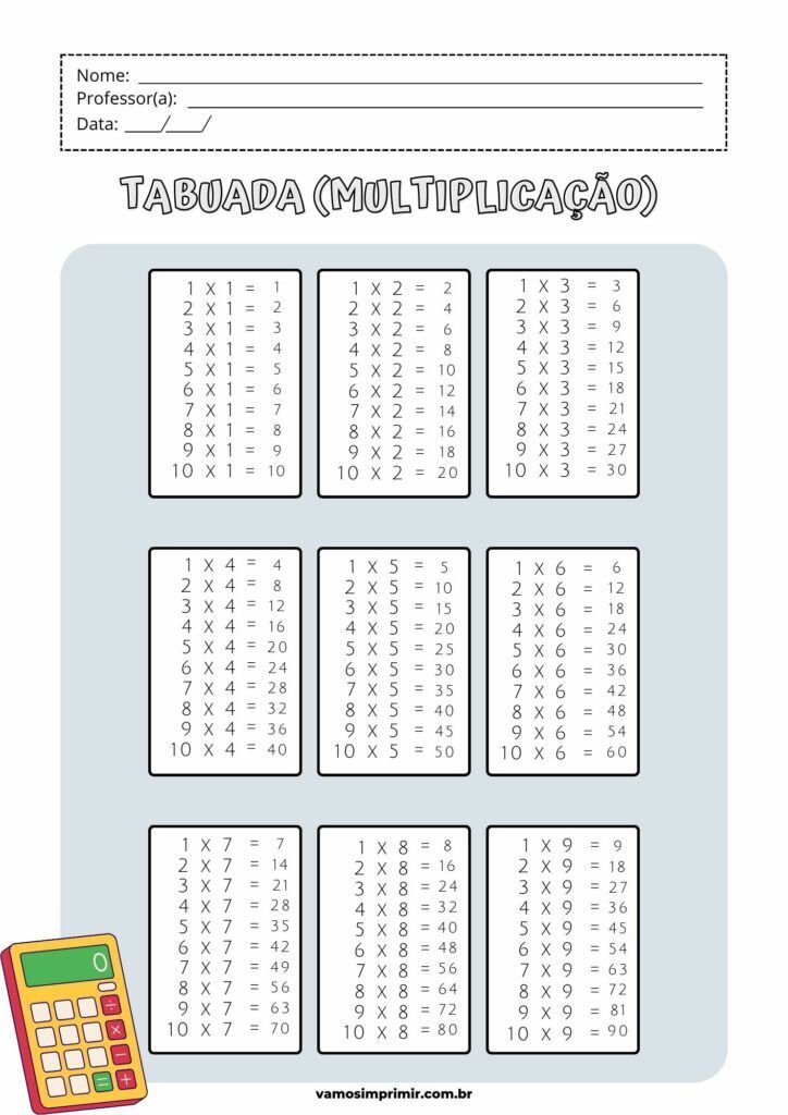 Tabuada para imprimir e praticar a multiplicação