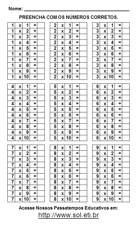 Tabuada para imprimir: Exercícios de Multiplicação 1 a 10