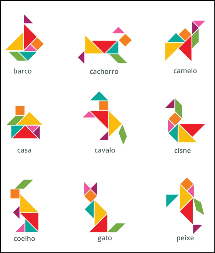 Tangram para imprimir com figuras de animais e objetos