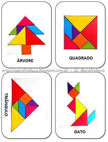 Tangram para imprimir com figuras de árvore, quadrado, triângulo e gato