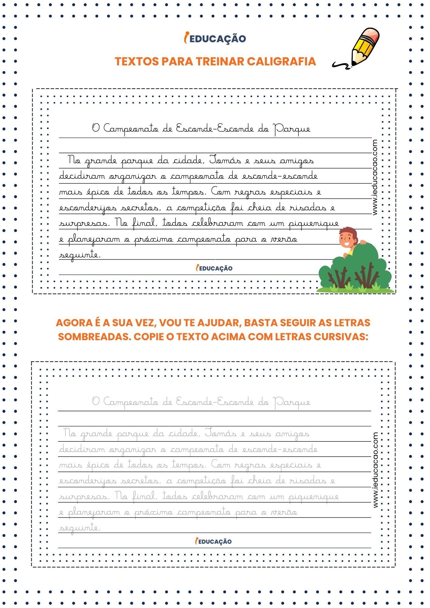 Textos educativos para treinar caligrafia com tema divertido